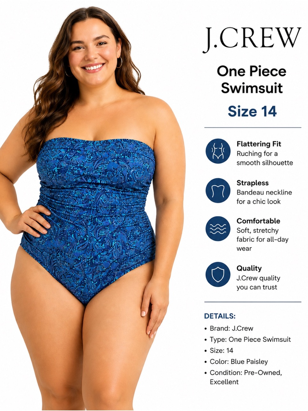 J. Crew Strapless Blue Printed One-Piece Swimsuit